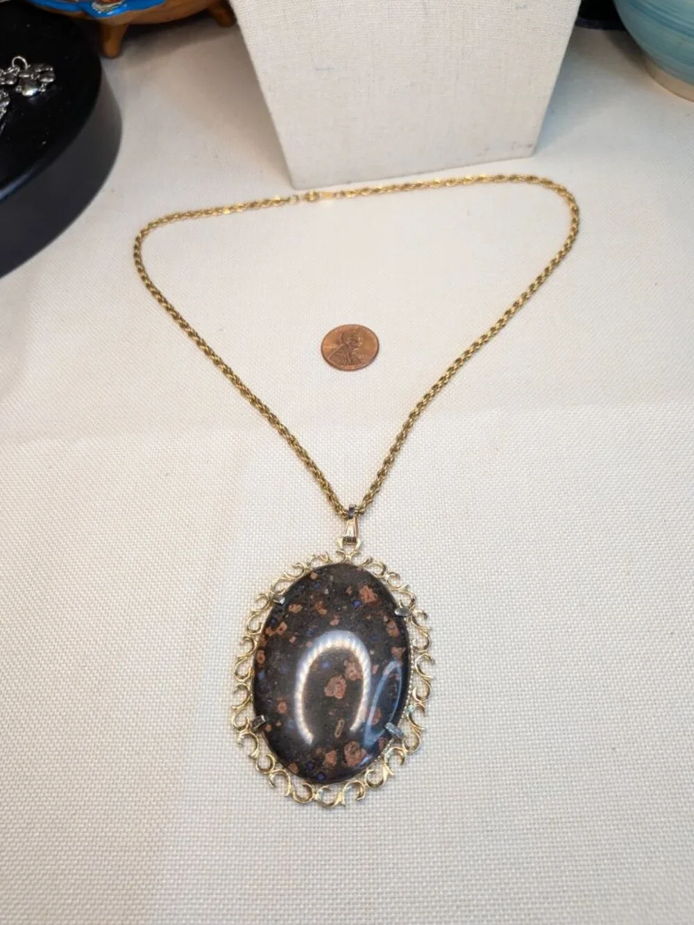 Gold‑Tone Rope Chain Necklace with Llanite Cabochon Pendant